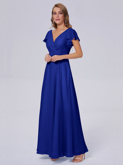 Genevieve V Neck Chiffon Long Bridesmaid Dresses with Sleeves