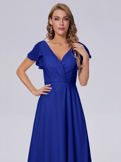 Genevieve V Neck Chiffon Long Bridesmaid Dresses with Sleeves