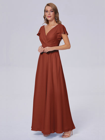 Genevieve V Neck Chiffon Long Bridesmaid Dresses with Sleeves