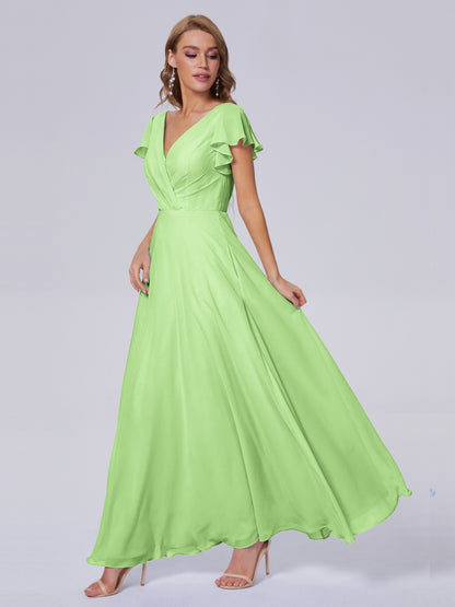 Genevieve V Neck Chiffon Long Bridesmaid Dresses with Sleeves