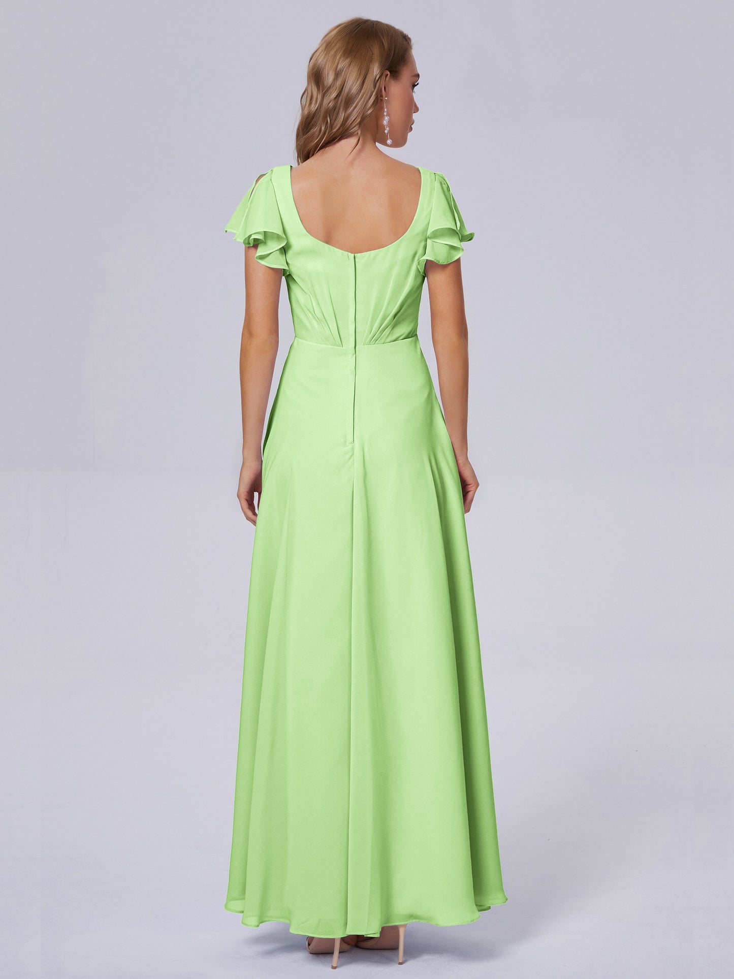 Genevieve V Neck Chiffon Long Bridesmaid Dresses with Sleeves
