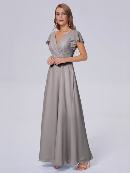Genevieve V Neck Chiffon Long Bridesmaid Dresses with Sleeves