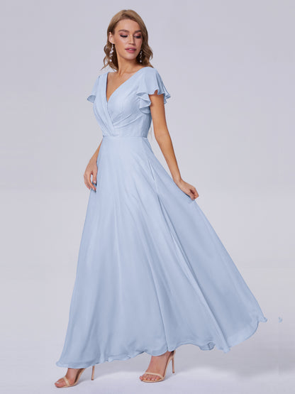 Genevieve V Neck Chiffon Long Bridesmaid Dresses with Sleeves