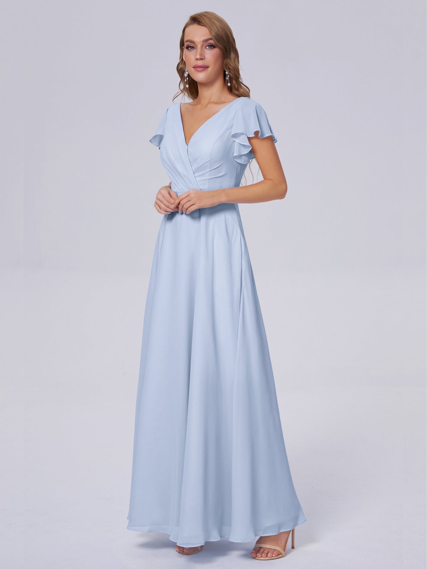 Genevieve V Neck Chiffon Long Bridesmaid Dresses with Sleeves