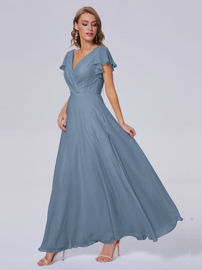 Genevieve V Neck Chiffon Long Bridesmaid Dresses with Sleeves
