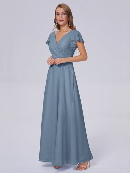 Genevieve V Neck Chiffon Long Bridesmaid Dresses with Sleeves