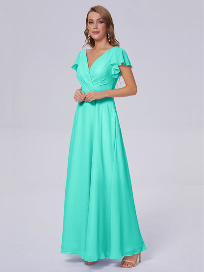 Genevieve V Neck Chiffon Long Bridesmaid Dresses with Sleeves
