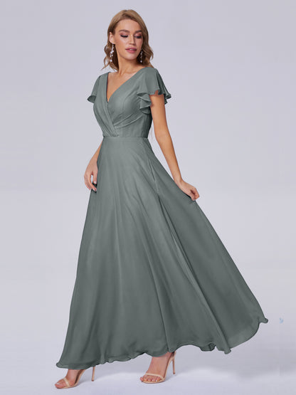 Genevieve V Neck Chiffon Long Bridesmaid Dresses with Sleeves