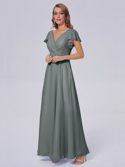 Genevieve V Neck Chiffon Long Bridesmaid Dresses with Sleeves