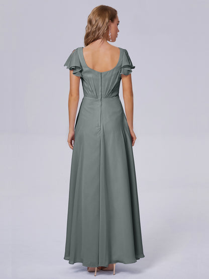 Genevieve V Neck Chiffon Long Bridesmaid Dresses with Sleeves