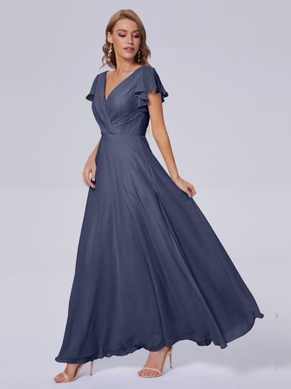 Genevieve V Neck Chiffon Long Bridesmaid Dresses with Sleeves