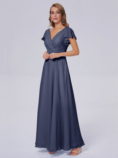 Genevieve V Neck Chiffon Long Bridesmaid Dresses with Sleeves
