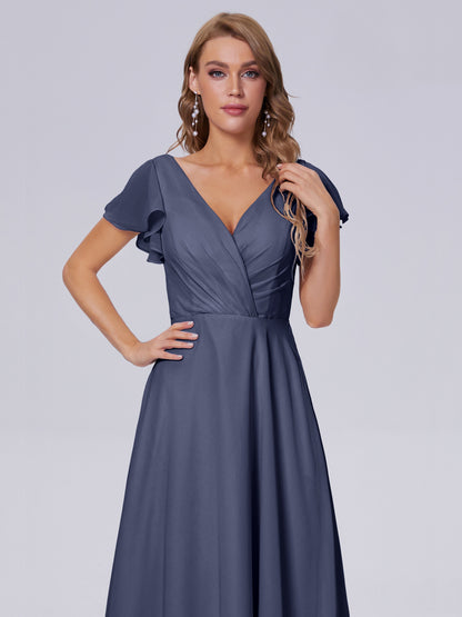 Genevieve V Neck Chiffon Long Bridesmaid Dresses with Sleeves