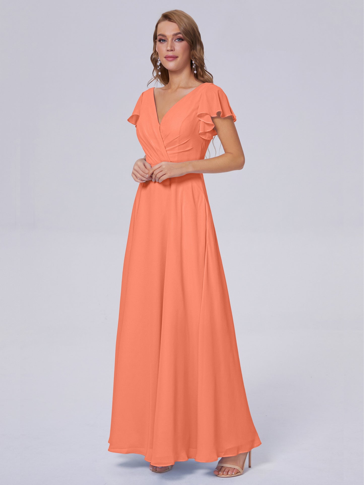 Genevieve V Neck Chiffon Long Bridesmaid Dresses with Sleeves