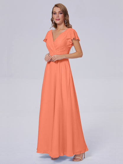 Genevieve V Neck Chiffon Long Bridesmaid Dresses with Sleeves