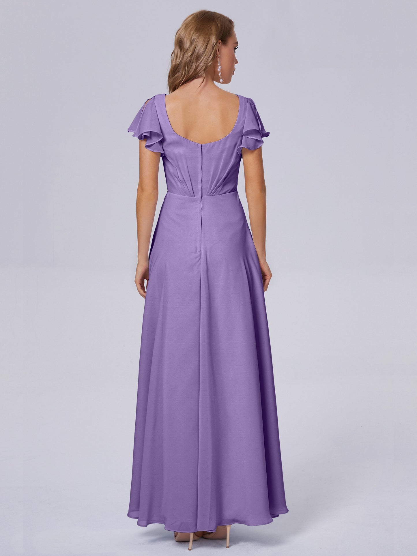 Genevieve V Neck Chiffon Long Bridesmaid Dresses with Sleeves