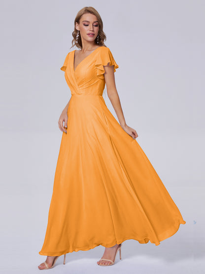 Genevieve V Neck Chiffon Long Bridesmaid Dresses with Sleeves