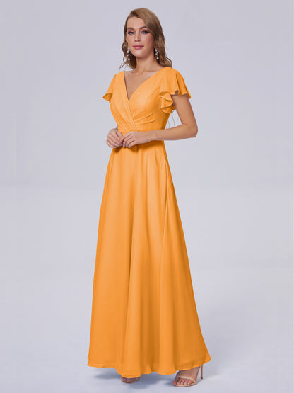 Genevieve V Neck Chiffon Long Bridesmaid Dresses with Sleeves