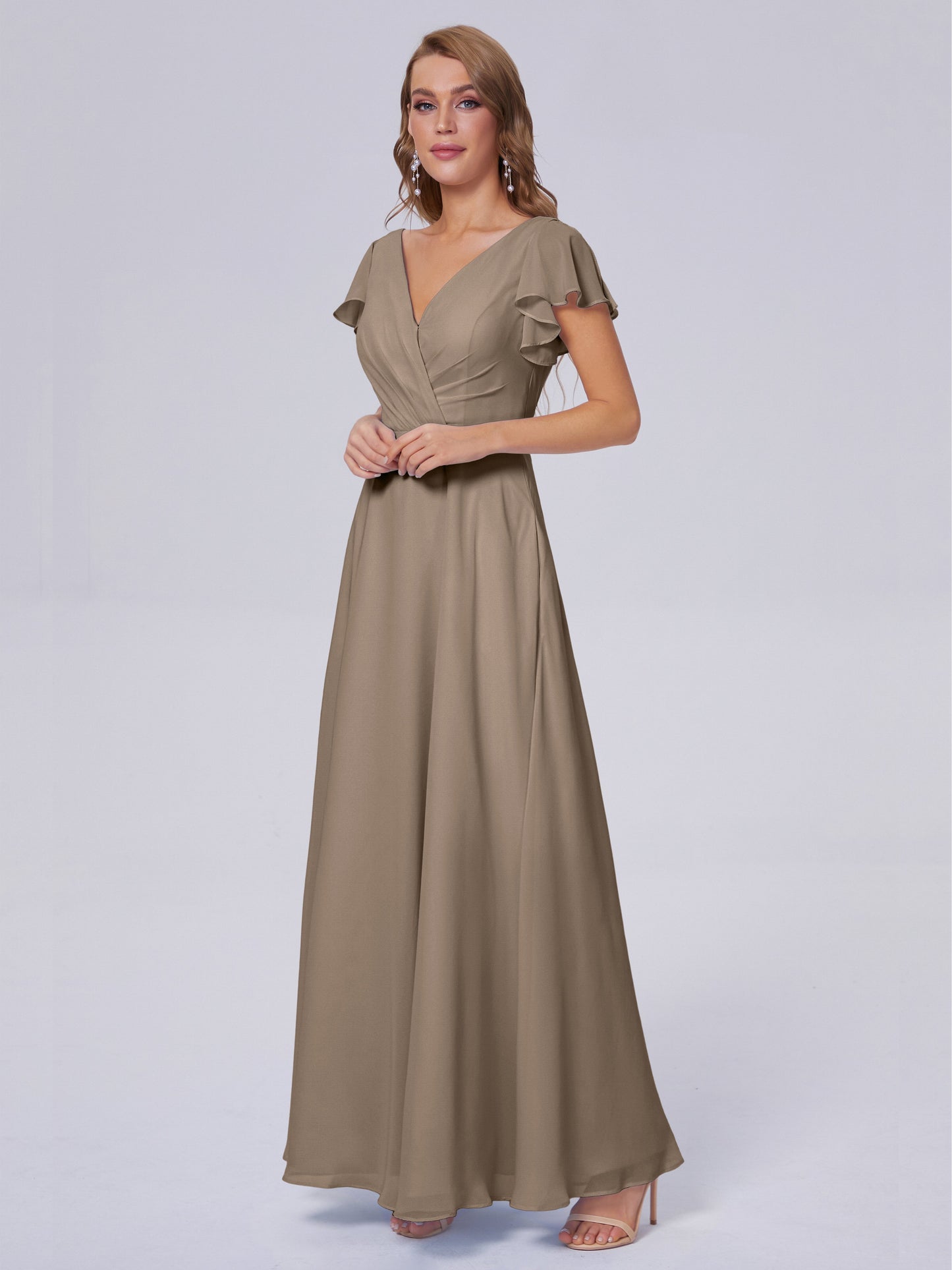 Genevieve V Neck Chiffon Long Bridesmaid Dresses with Sleeves