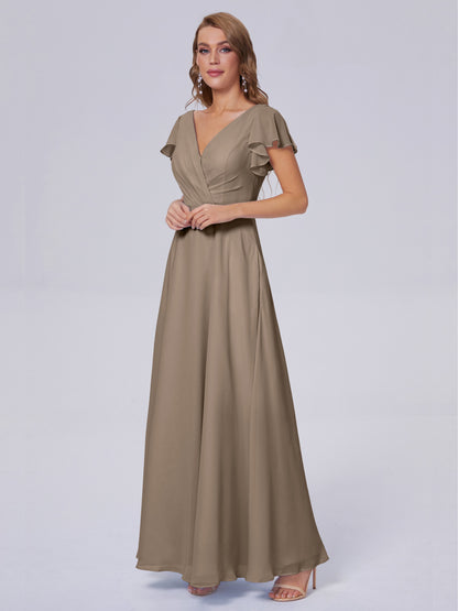 Genevieve V Neck Chiffon Long Bridesmaid Dresses with Sleeves
