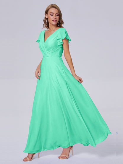 Genevieve V Neck Chiffon Long Bridesmaid Dresses with Sleeves