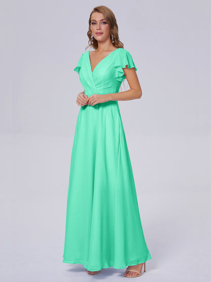Genevieve V Neck Chiffon Long Bridesmaid Dresses with Sleeves