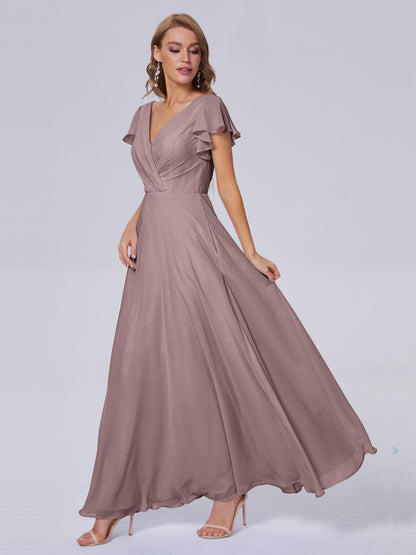 Genevieve V Neck Chiffon Long Bridesmaid Dresses with Sleeves