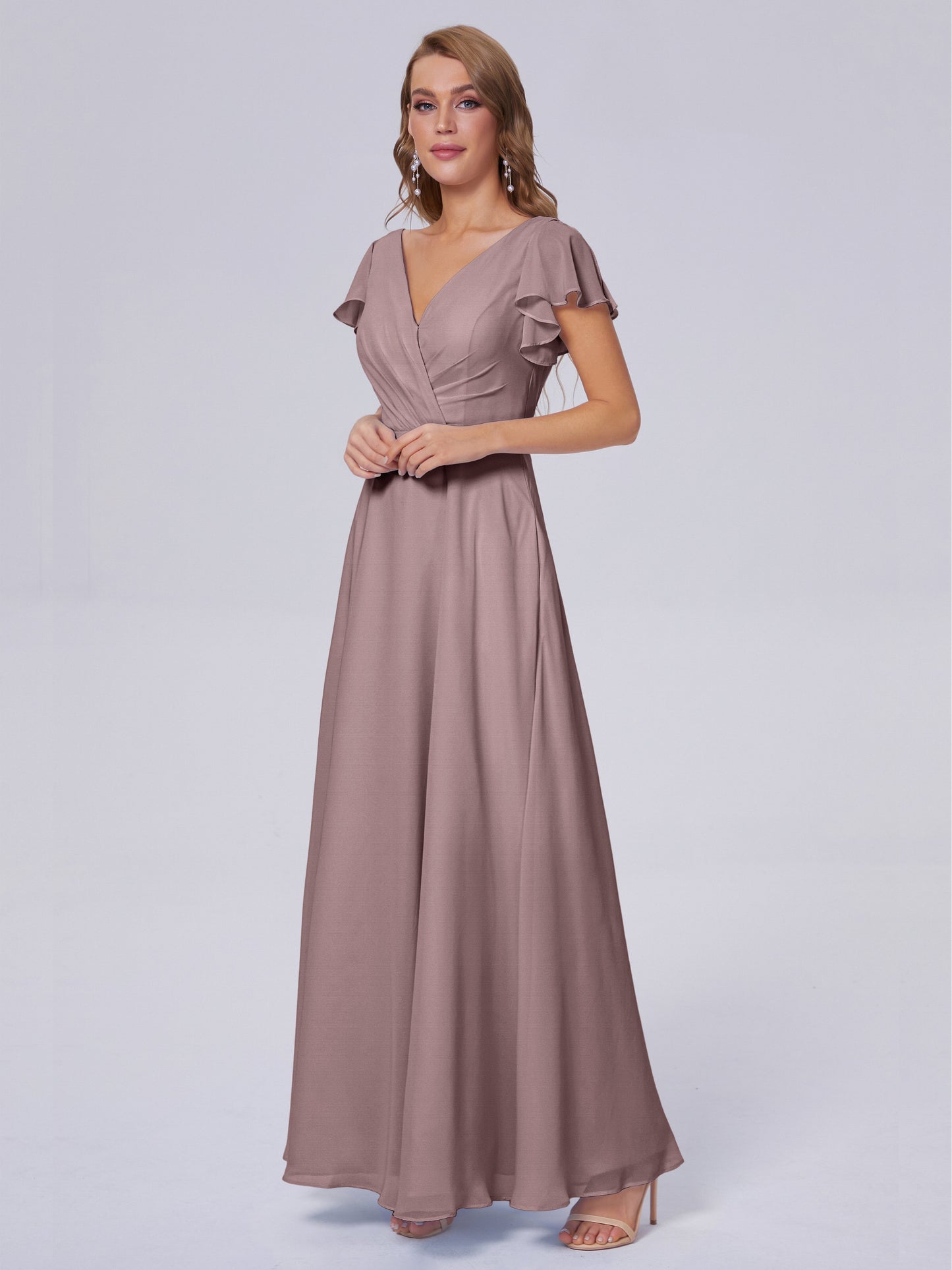 Genevieve V Neck Chiffon Long Bridesmaid Dresses with Sleeves