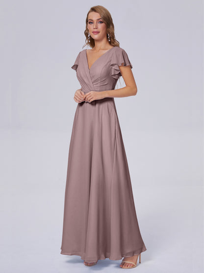 Genevieve V Neck Chiffon Long Bridesmaid Dresses with Sleeves