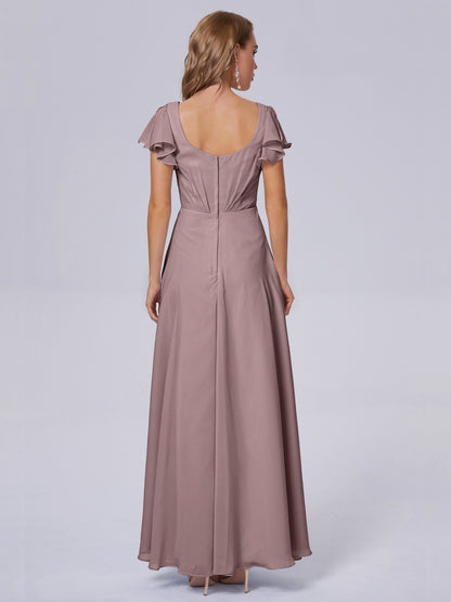 Genevieve V Neck Chiffon Long Bridesmaid Dresses with Sleeves