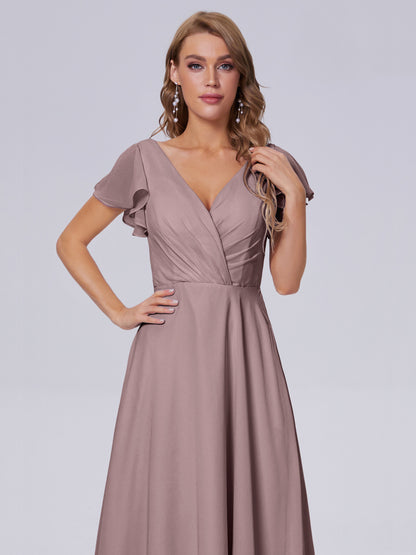 Genevieve V Neck Chiffon Long Bridesmaid Dresses with Sleeves