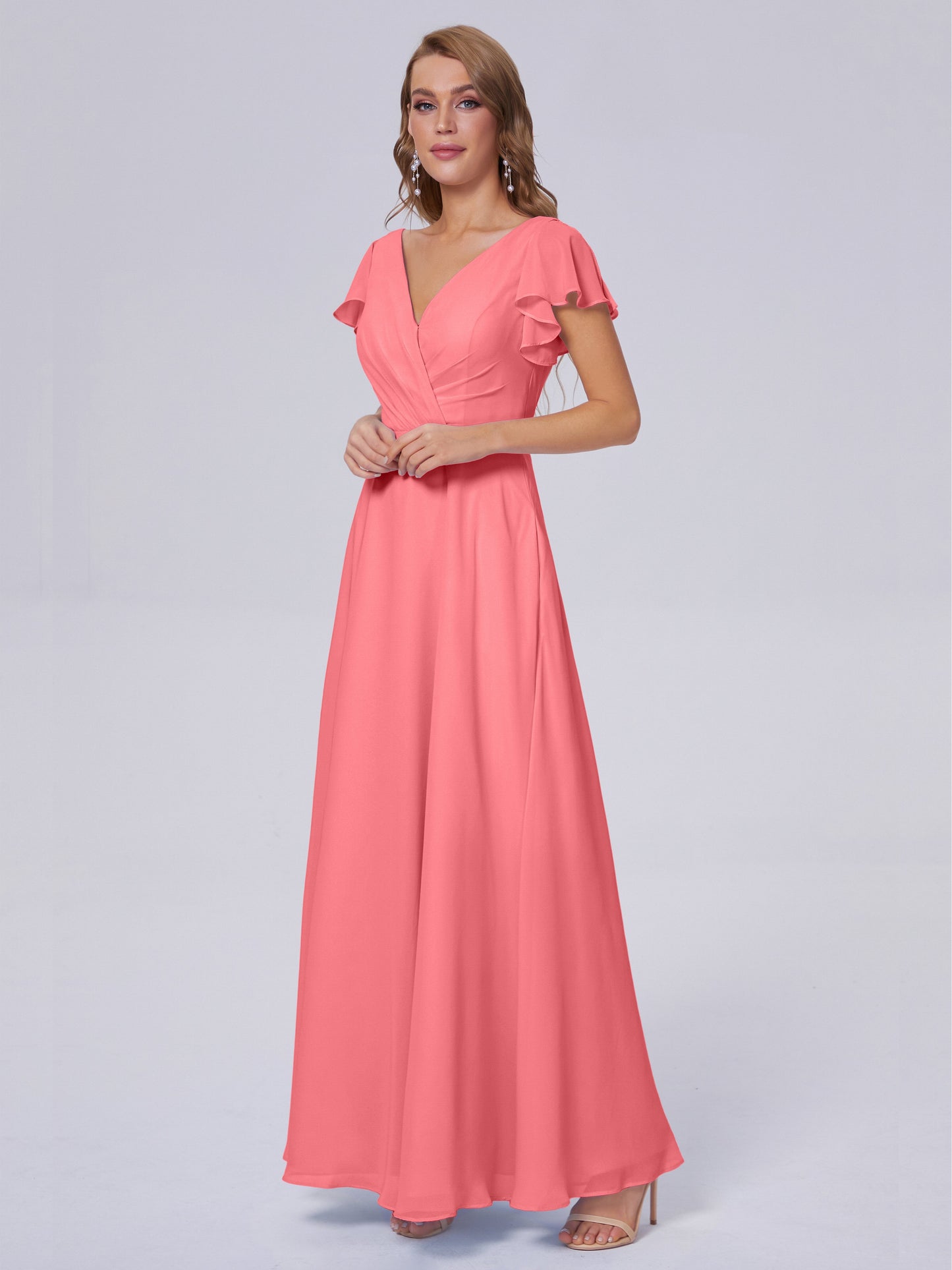 Genevieve V Neck Chiffon Long Bridesmaid Dresses with Sleeves