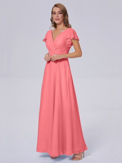 Genevieve V Neck Chiffon Long Bridesmaid Dresses with Sleeves