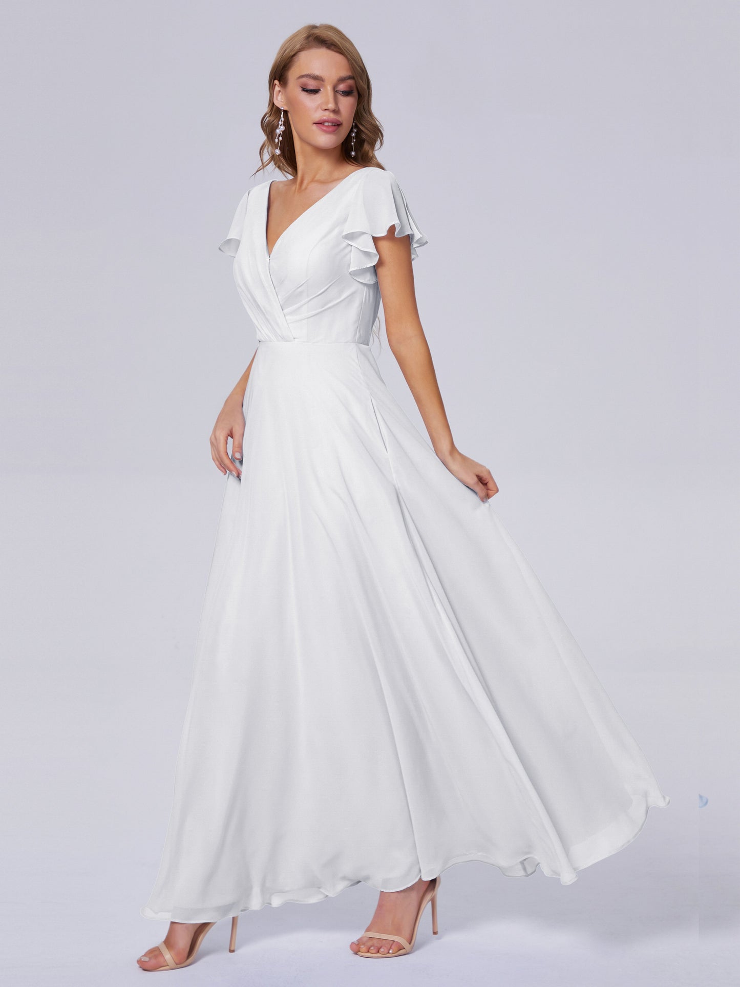Genevieve V Neck Chiffon Long Bridesmaid Dresses with Sleeves