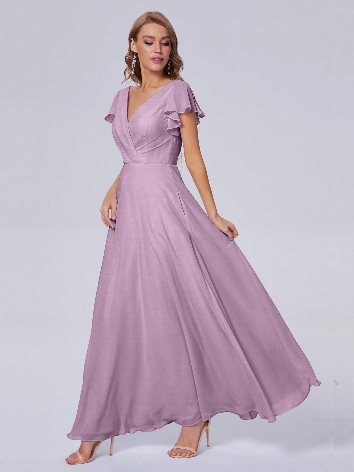 Genevieve V Neck Chiffon Long Bridesmaid Dresses with Sleeves
