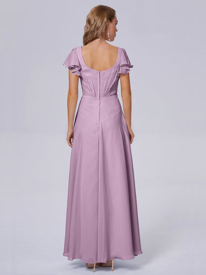 Genevieve V Neck Chiffon Long Bridesmaid Dresses with Sleeves