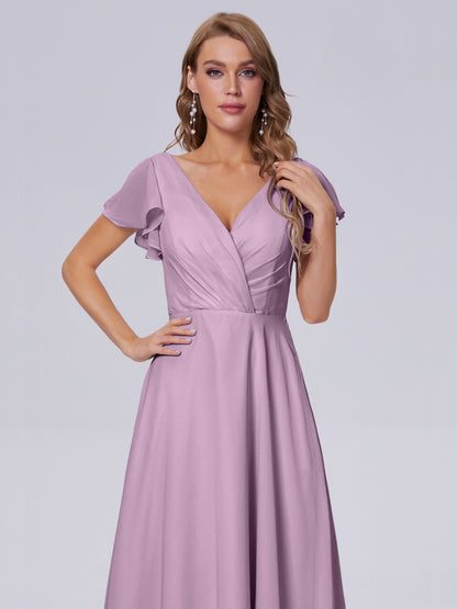 Genevieve V Neck Chiffon Long Bridesmaid Dresses with Sleeves