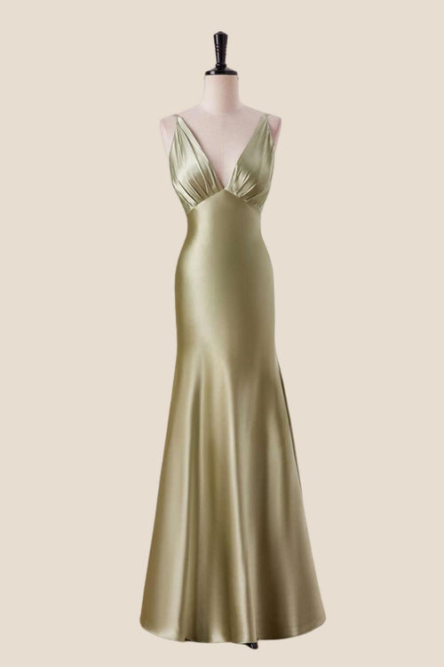 Plunge Neck Moss Green Mermaid Long Dress