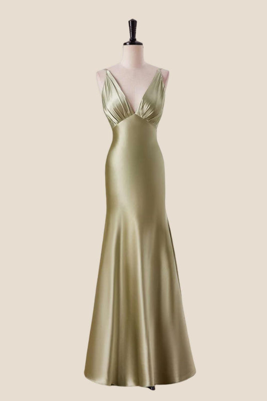 Plunge Neck Moss Green Mermaid Long Dress