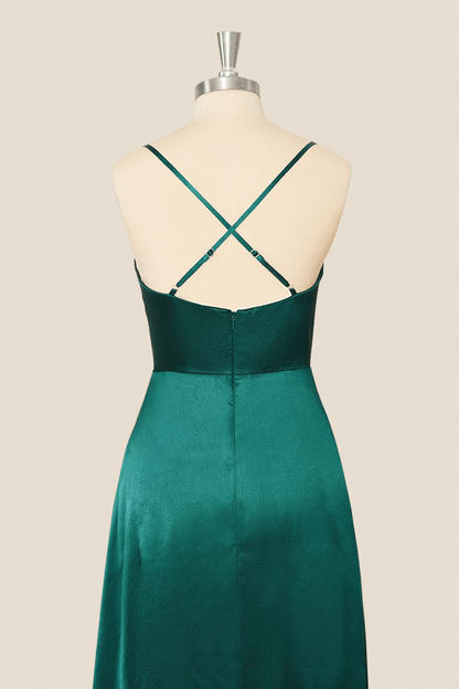 Straps Cowl Neck Green A-line Long Dress