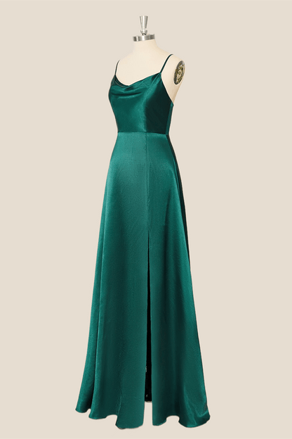Straps Cowl Neck Green A-line Long Dress