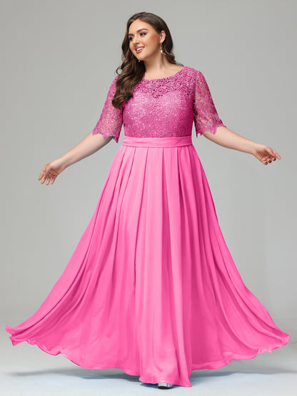 Illussion Neckline and Back Half Sleeves Scoop Lace Plus Size Bridesmaid Dresses