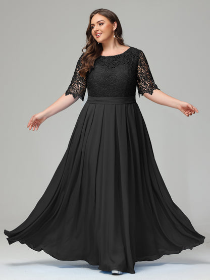 Illussion Neckline and Back Half Sleeves Scoop Lace Plus Size Bridesmaid Dresses