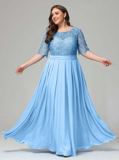 Illussion Neckline and Back Half Sleeves Scoop Lace Plus Size Bridesmaid Dresses