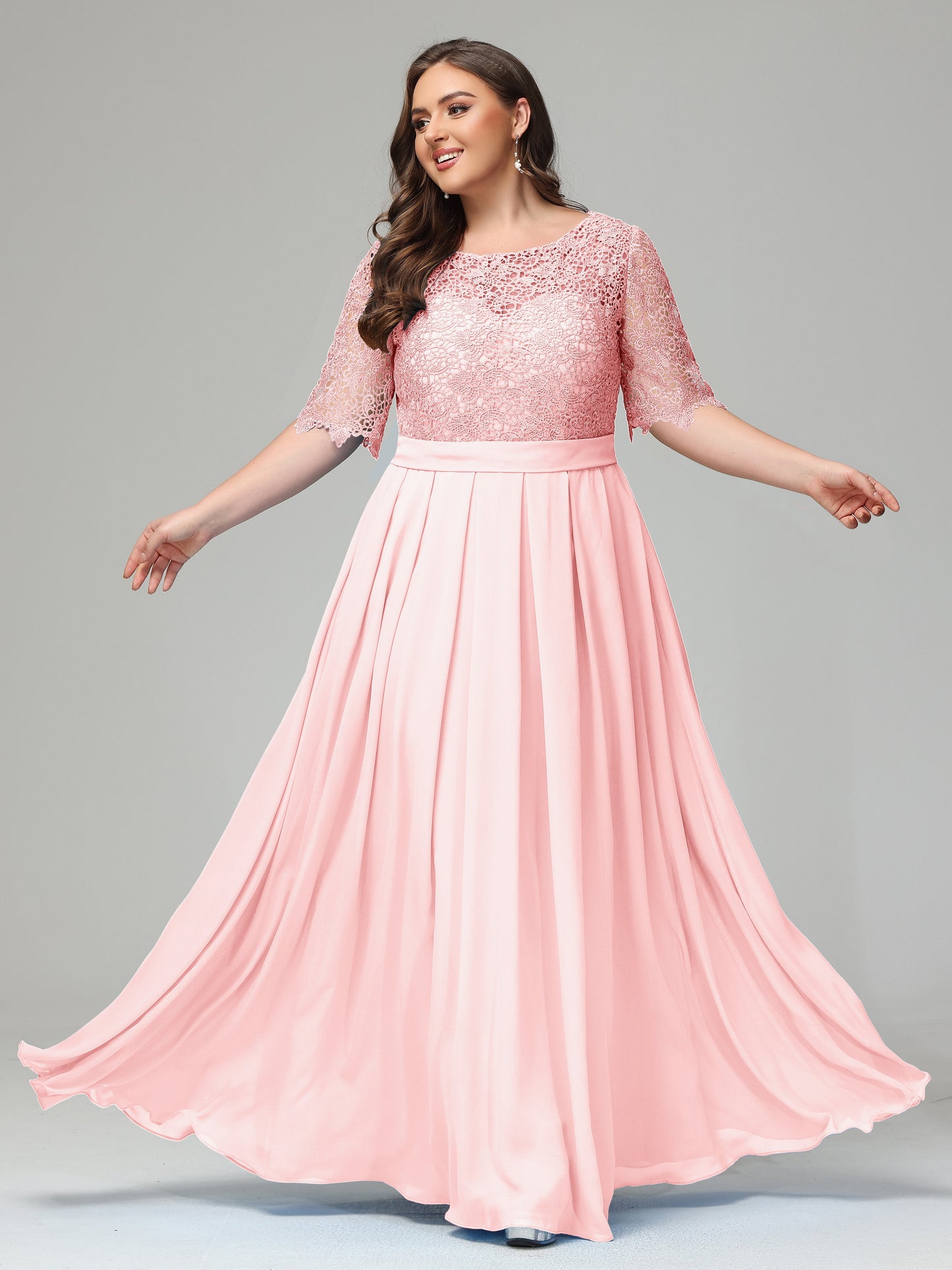 Illussion Neckline and Back Half Sleeves Scoop Lace Plus Size Bridesmaid Dresses