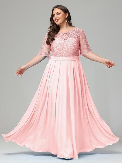 Illussion Neckline and Back Half Sleeves Scoop Lace Plus Size Bridesmaid Dresses