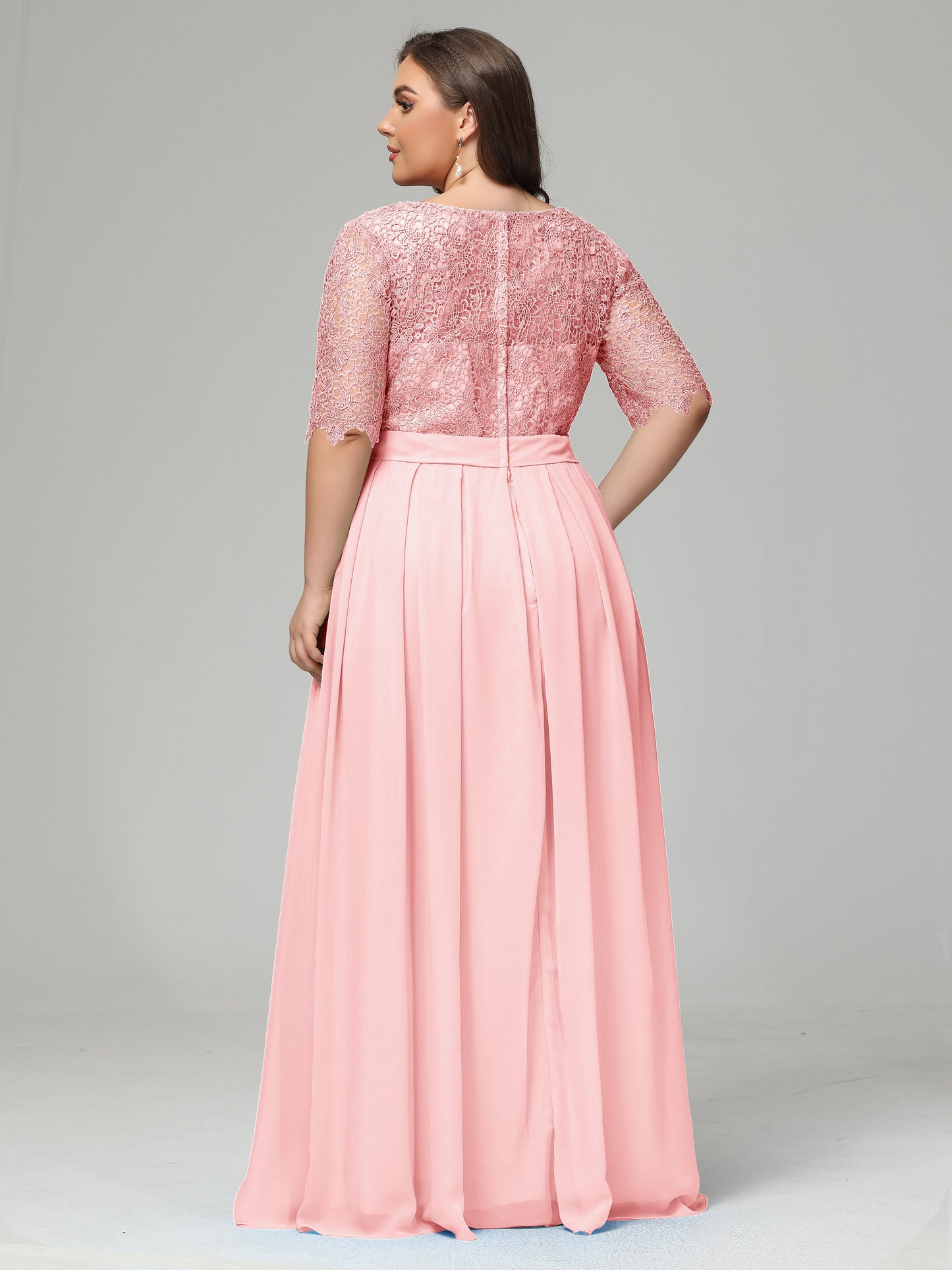 Illussion Neckline and Back Half Sleeves Scoop Lace Plus Size Bridesmaid Dresses