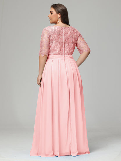 Illussion Neckline and Back Half Sleeves Scoop Lace Plus Size Bridesmaid Dresses