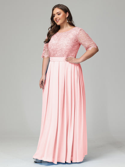 Illussion Neckline and Back Half Sleeves Scoop Lace Plus Size Bridesmaid Dresses