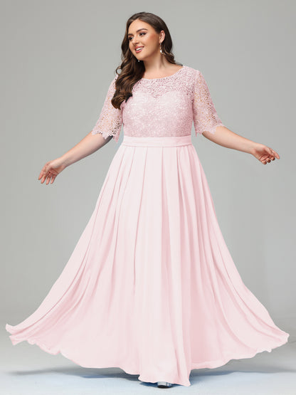 Illussion Neckline and Back Half Sleeves Scoop Lace Plus Size Bridesmaid Dresses